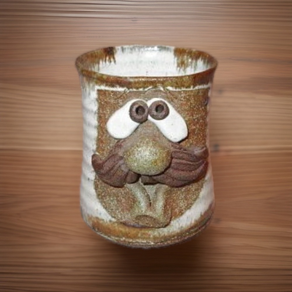 Vtg Ugly Funny Face Mug Mustache Man Stoneware 3D Art Pottery Signed MMS Mahon